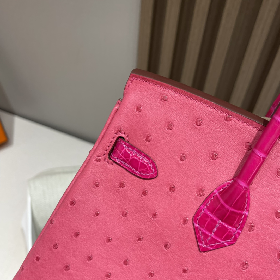 에르메스 버킨백25 티리엔 핑크 금장 타조가죽 악어가죽 핸들